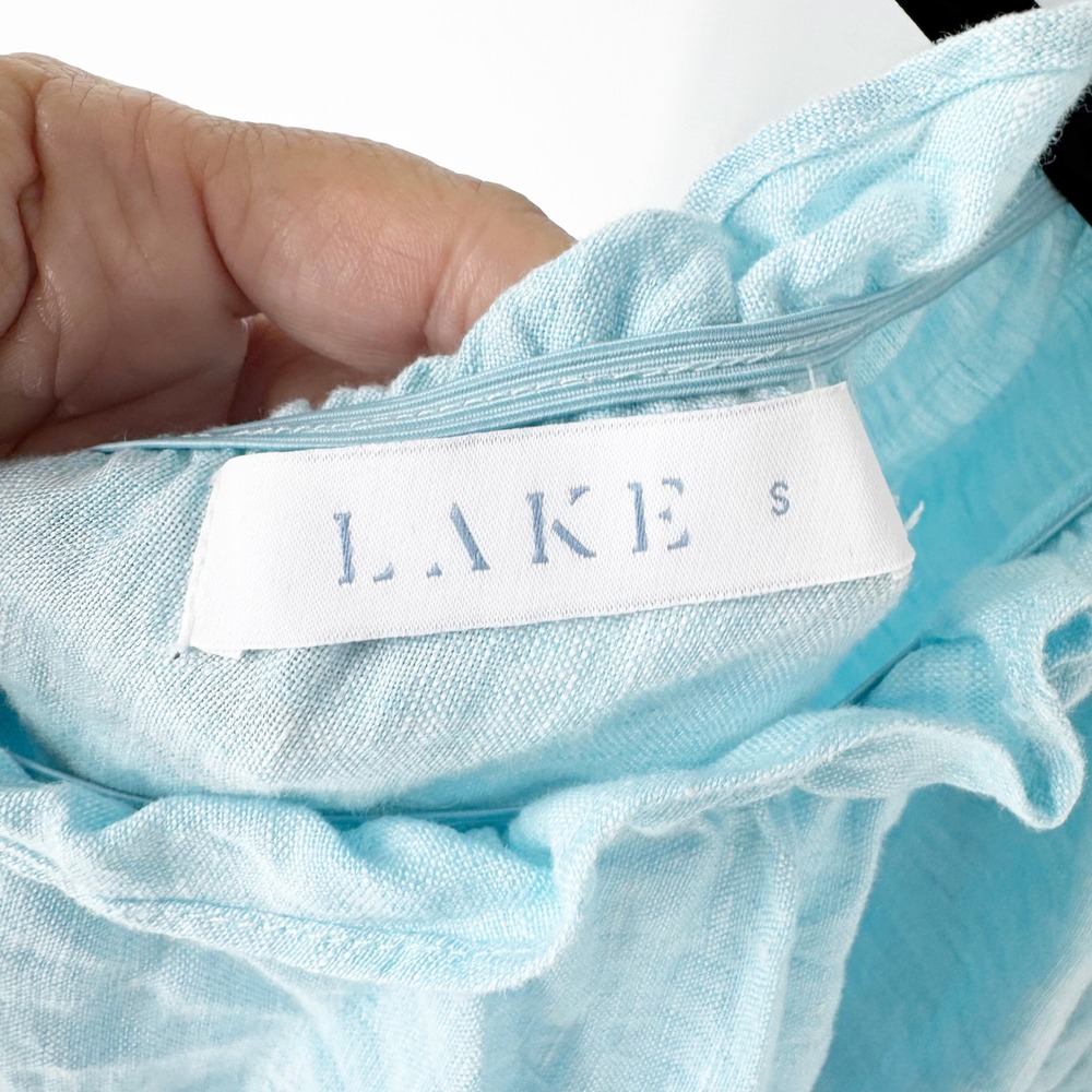 LAKE Women Light Blue 100% Linen One Shoulder Puff Sleeve Pocket Dress Small - Picture 5 of 8